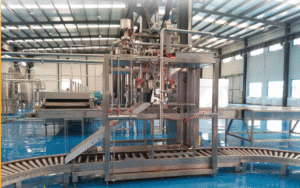 Industrial PU adhesive filling line — stainless steel pumps, PLC controls, conveyor feed (representative concept image)