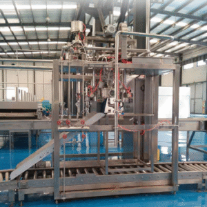 Industrial PU adhesive filling line — stainless steel pumps, PLC controls, conveyor feed (representative concept image)