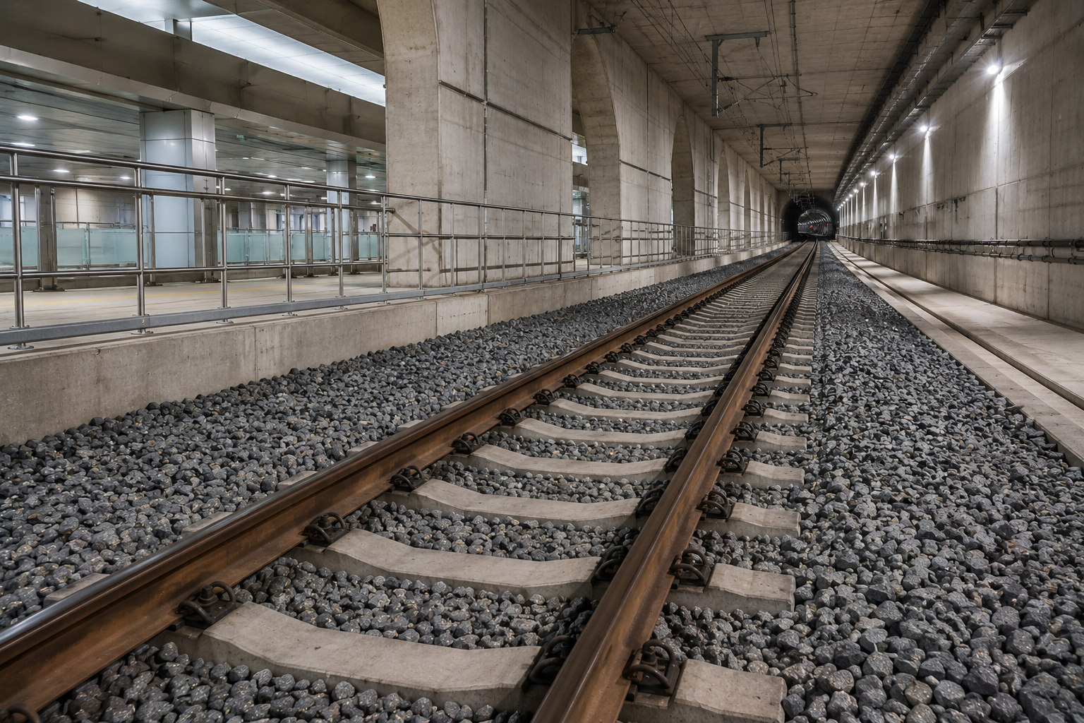 Railway ballast in tunnel and station