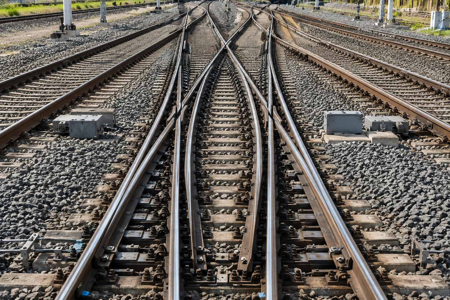 Railway turnout and switch on ballast