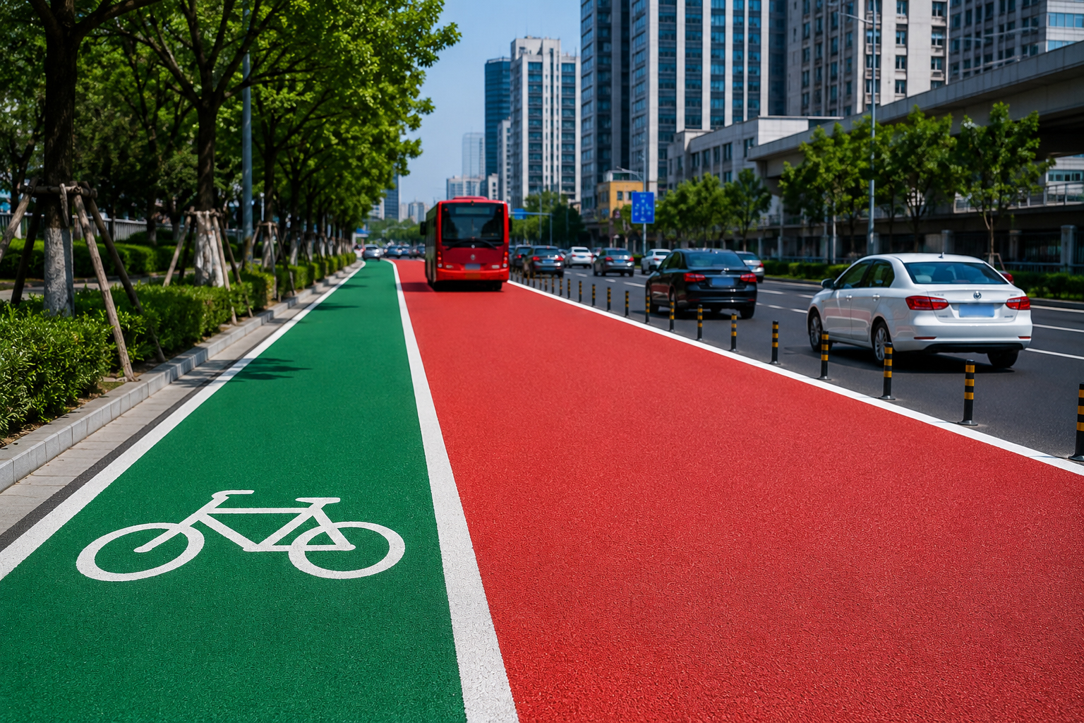Colored anti-slip bus and cycle lanes