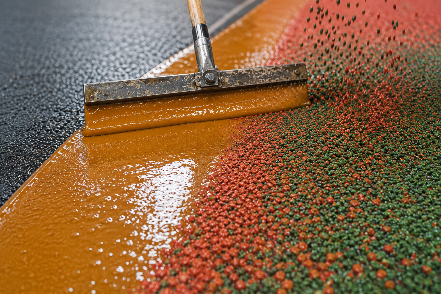 PUGLUE PU-50M binder squeegeed onto asphalt with colored anti-slip aggregate