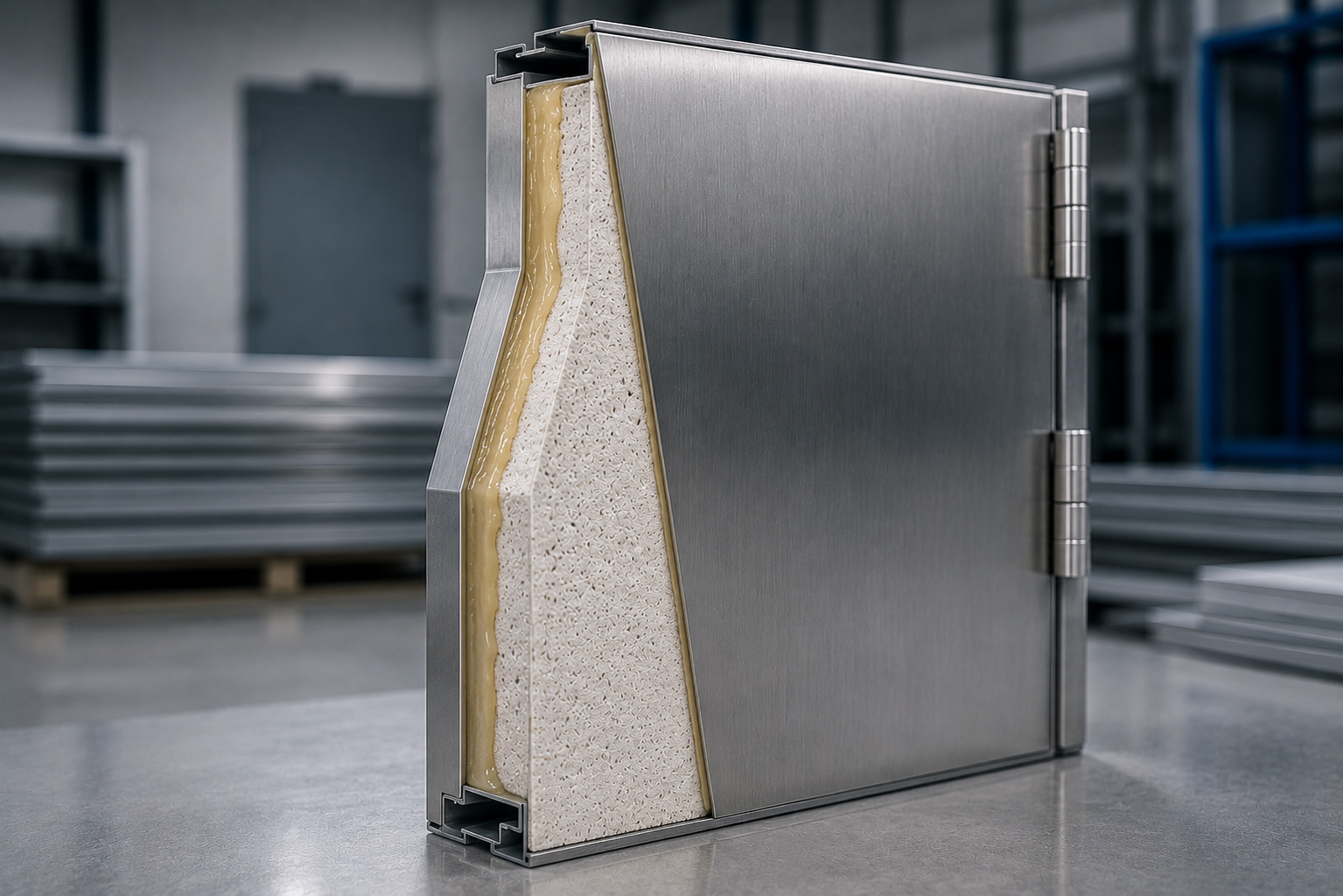 Cutaway of a fire door showing steel skin bonded to a mineral core with PUGLUE MPU-20 adhesive