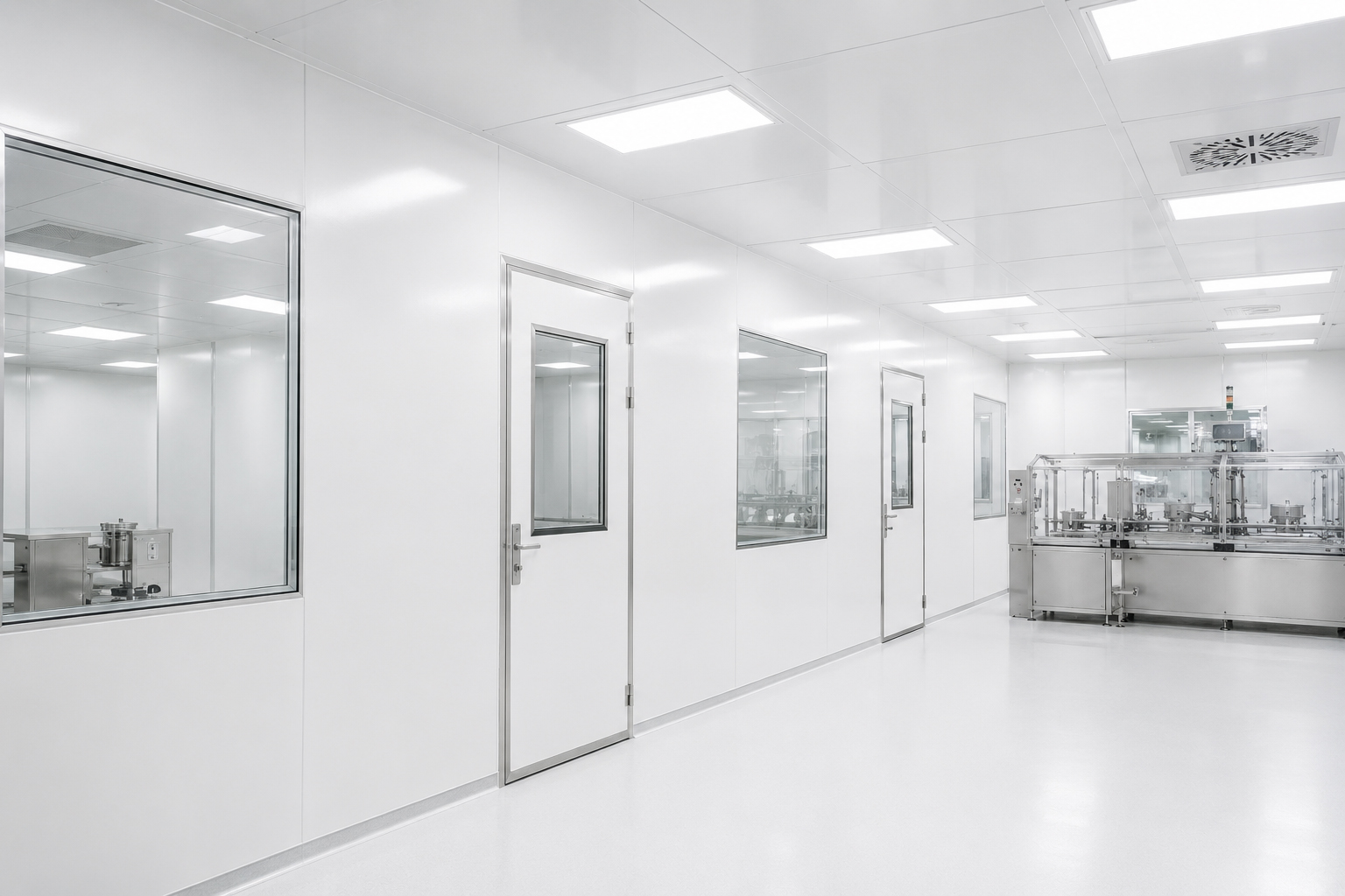 Cleanroom corridor with steel-faced wall and ceiling panels