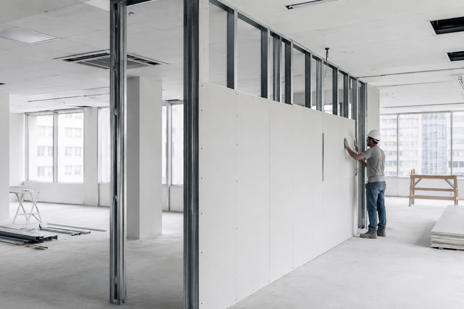 Lightweight gypsum-board partition wall installation