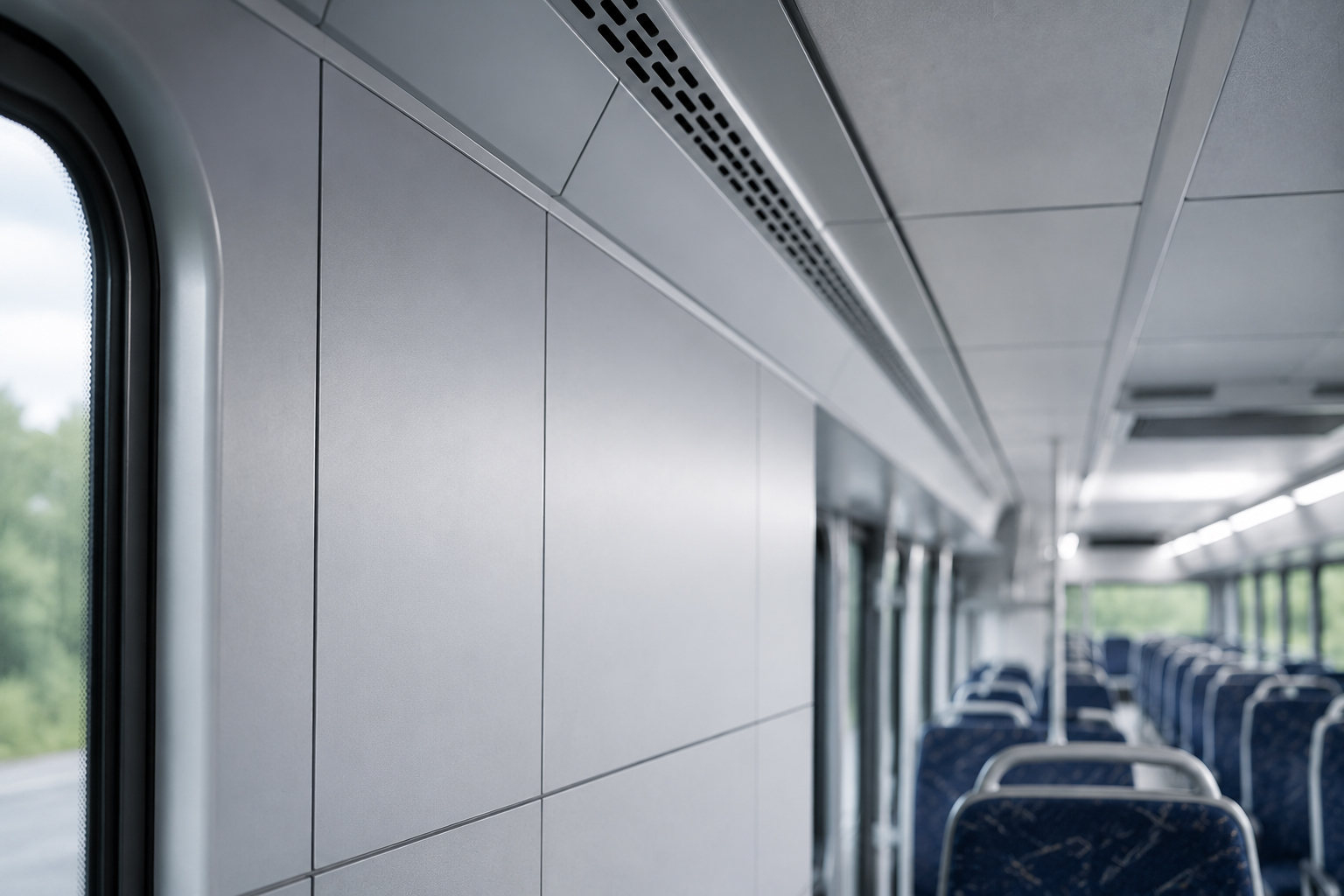 Train and bus interior with fire-safe metal-faced panels