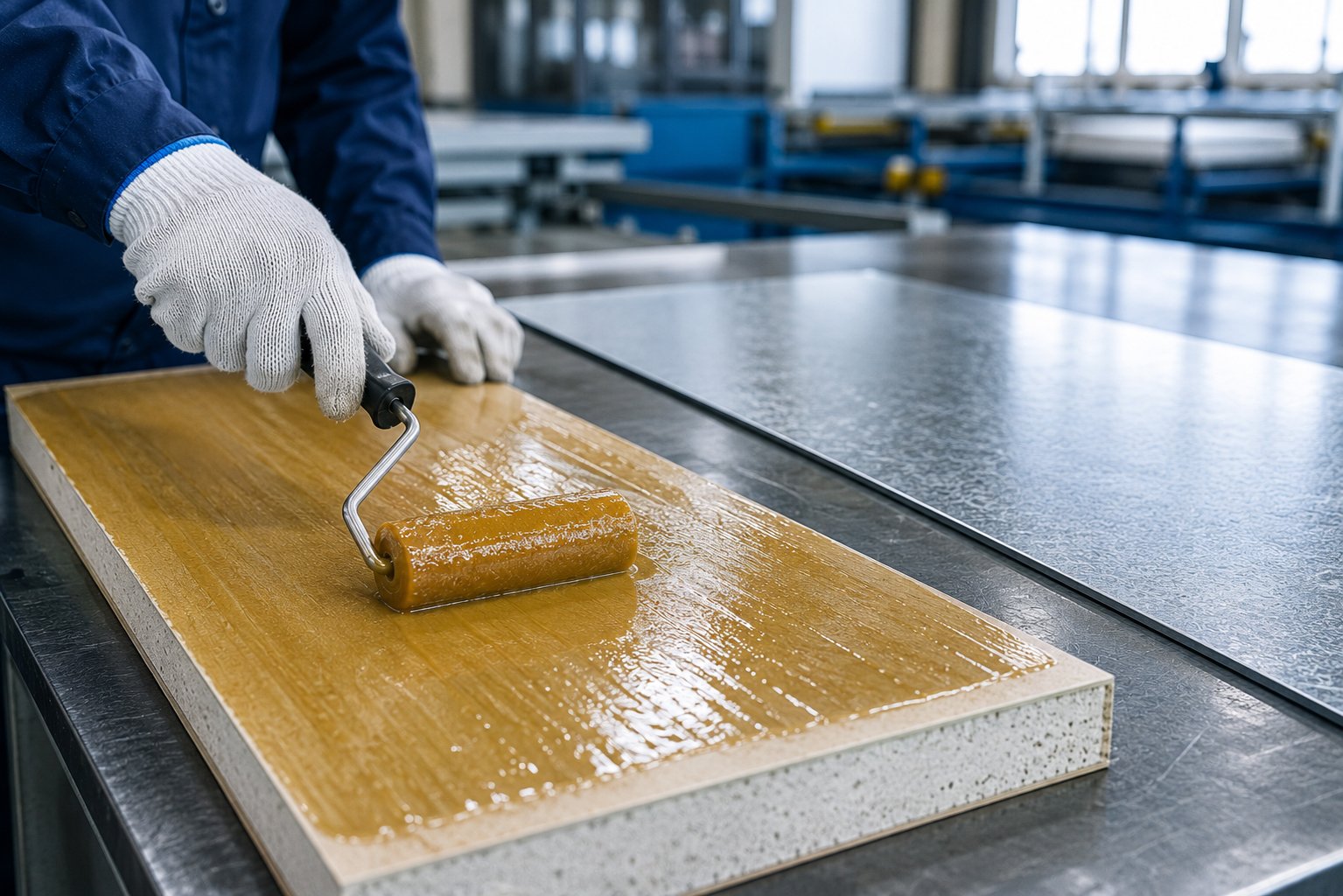 Roller-coating PUGLUE MPU-20 polyurethane adhesive onto a gypsum board before steel lamination