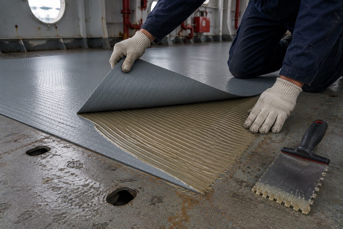 PVC flooring bonded to ship deck steel plate