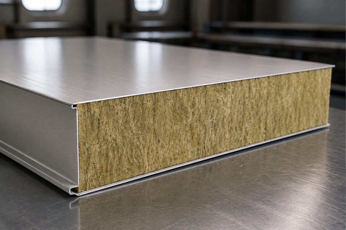 Rock wool composite panel bonded to metal sheet on ship