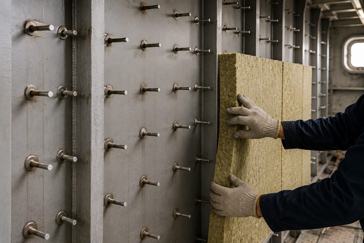 Insulation weld pins bonded to ship bulkhead