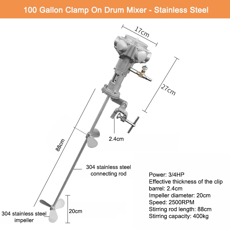 100-gallon clamp-on drum mixer, 304 stainless steel