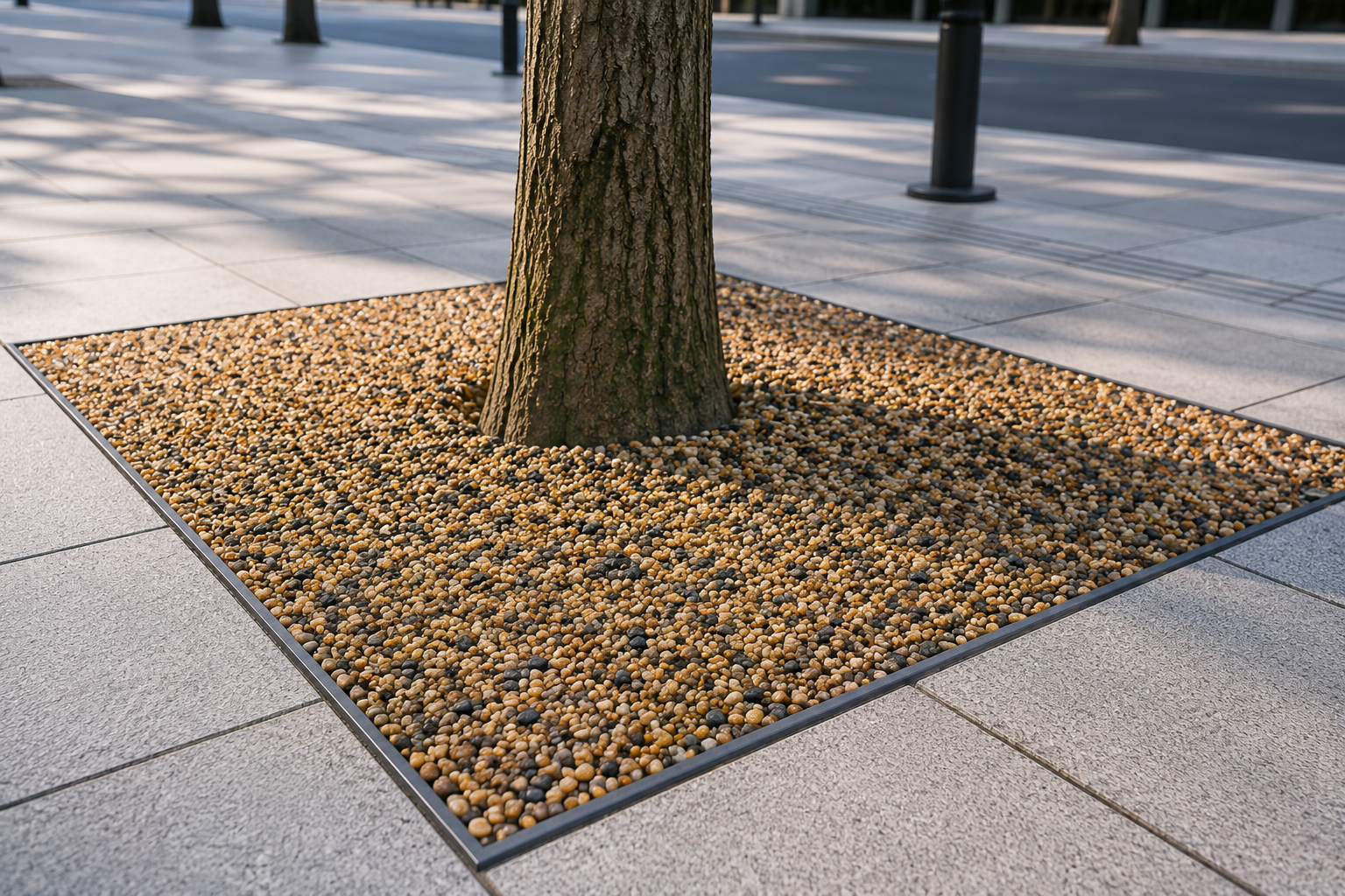 Permeable resin-bound tree-pit surround