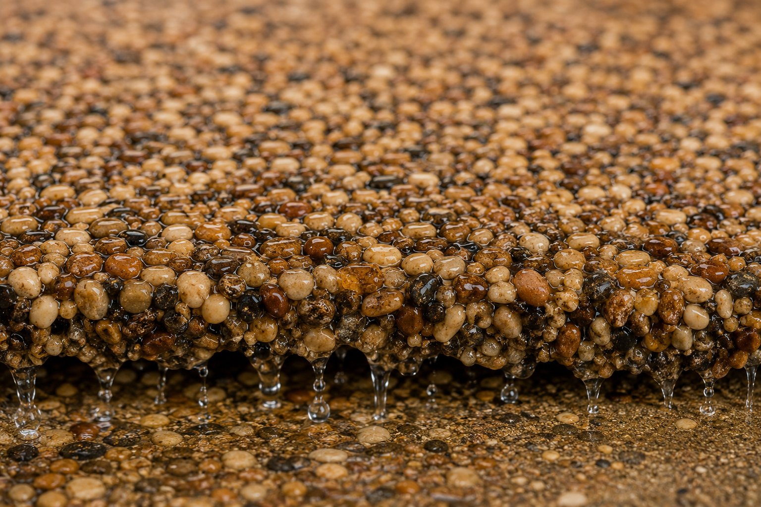 Close-up of resin-bound permeable stone paving with water draining through