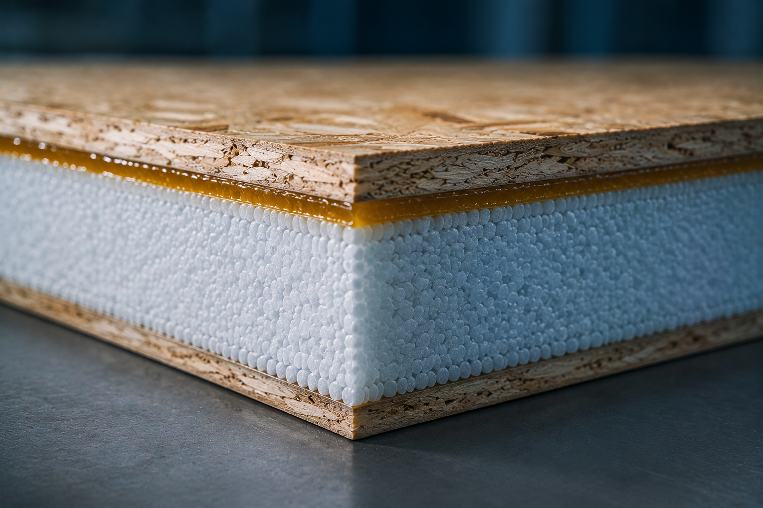 SIP panel cross-section showing OSB skins bonded to an EPS foam core with PUGLUE PU adhesive glue lines