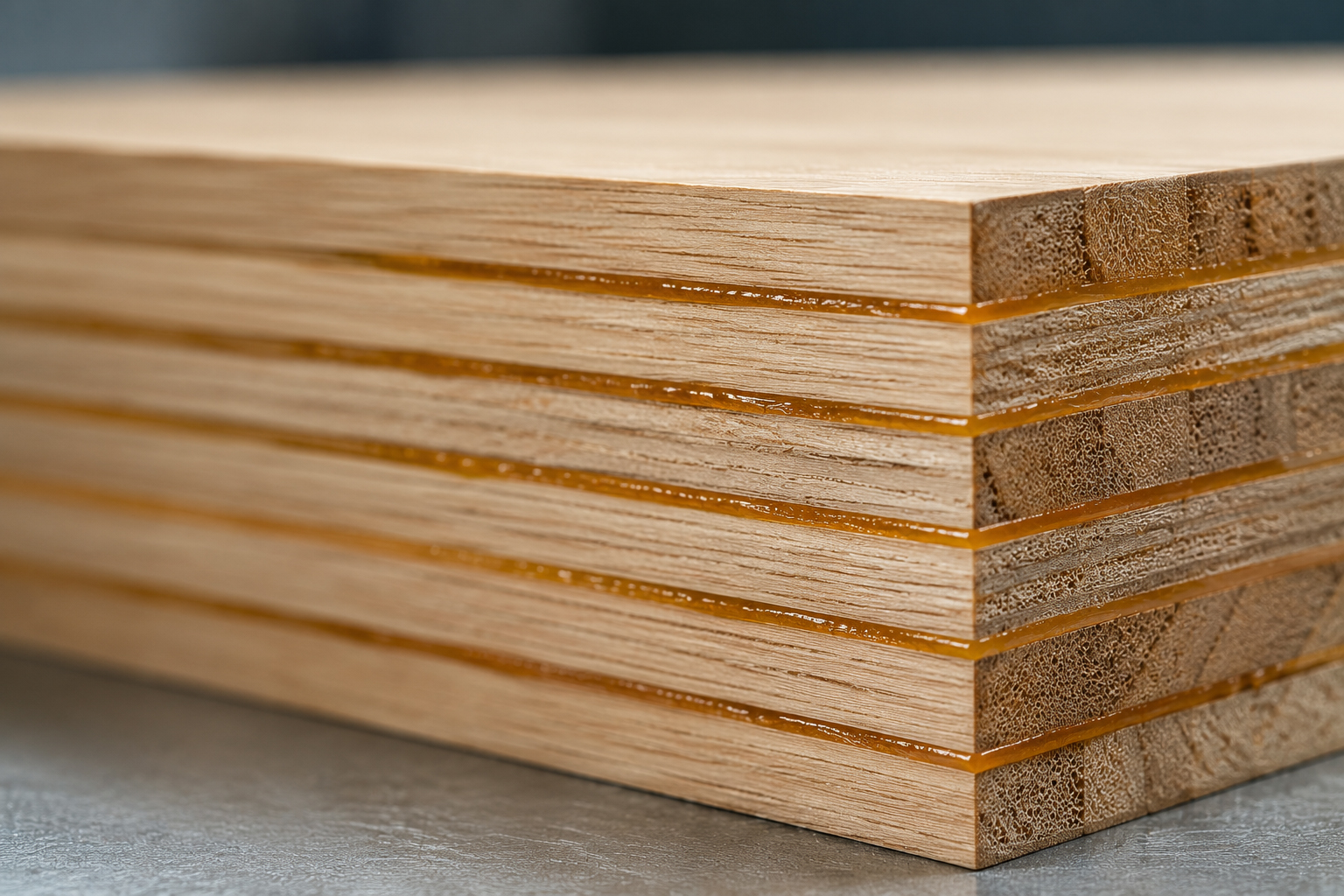 Laminated plywood edge showing amber PUGLUE MPU-20 adhesive glue lines bonding the wood layers